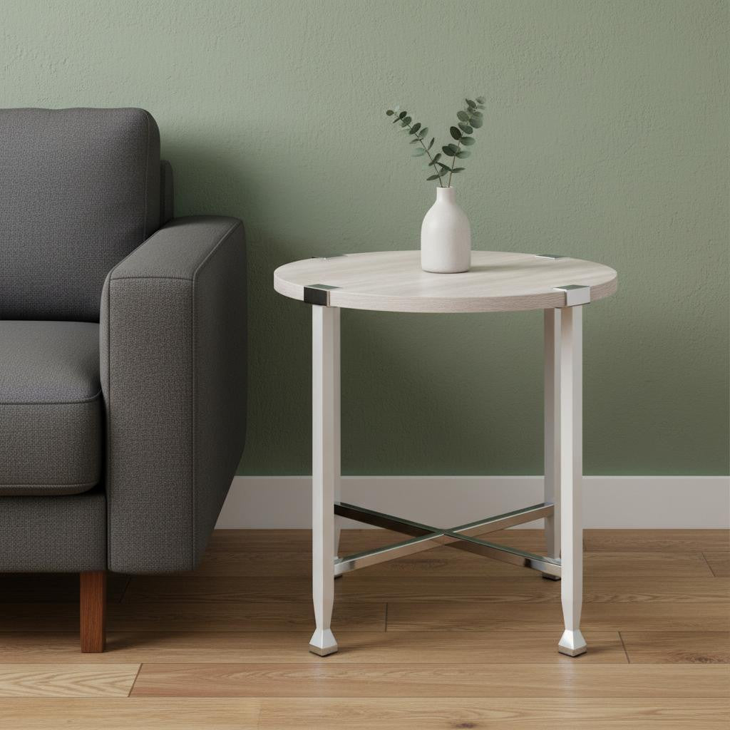24" Chrome And White Oak Manufactured Wood And Metal Round End Table - Living Room