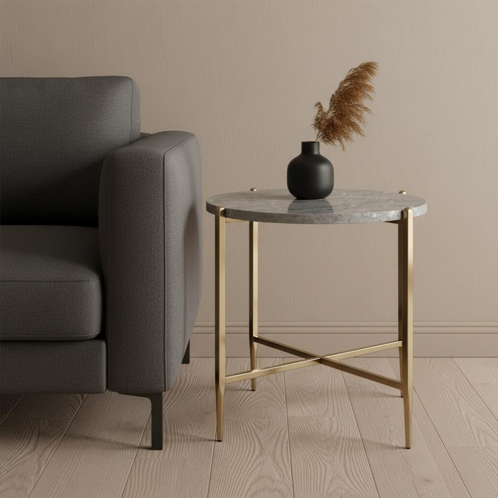 24" Champagne And Light Gray Manufactured Wood And Metal Round End Table - Living Room