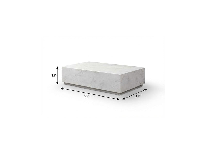 White marble block coffee table showing 55" length, 32" width, 15" height