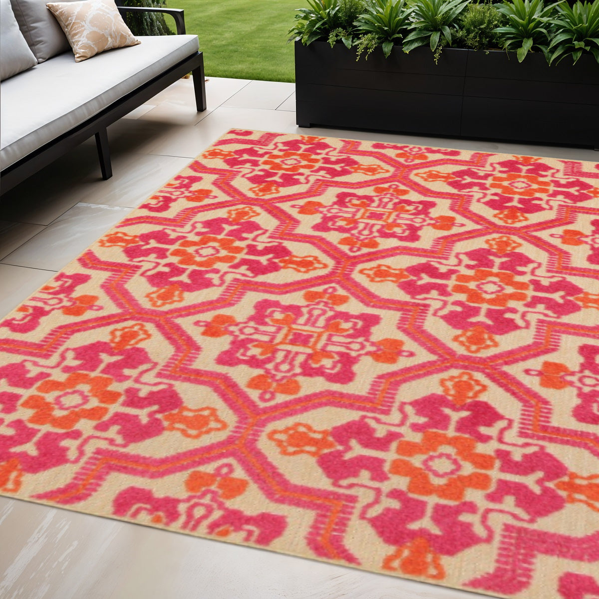 5' X 8' Pink And Orange Moroccan Indoor Outdoor Area Rug - Outdoor
