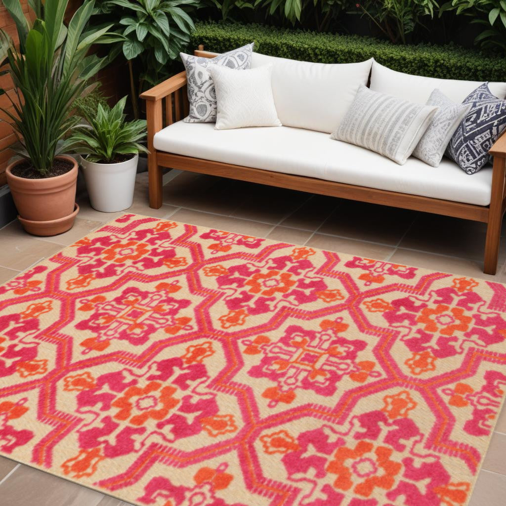 10' X 13' Pink And Orange Moroccan Indoor Outdoor Area Rug - Outdoor