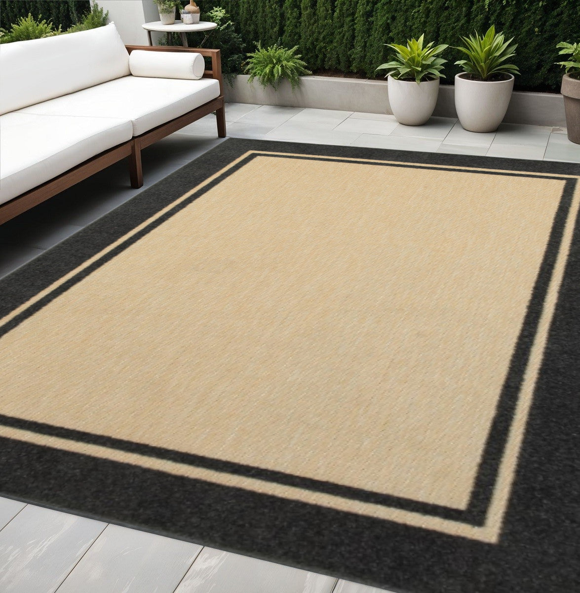5' X 8' Beige And Black Indoor Outdoor Area Rug - Outdoor