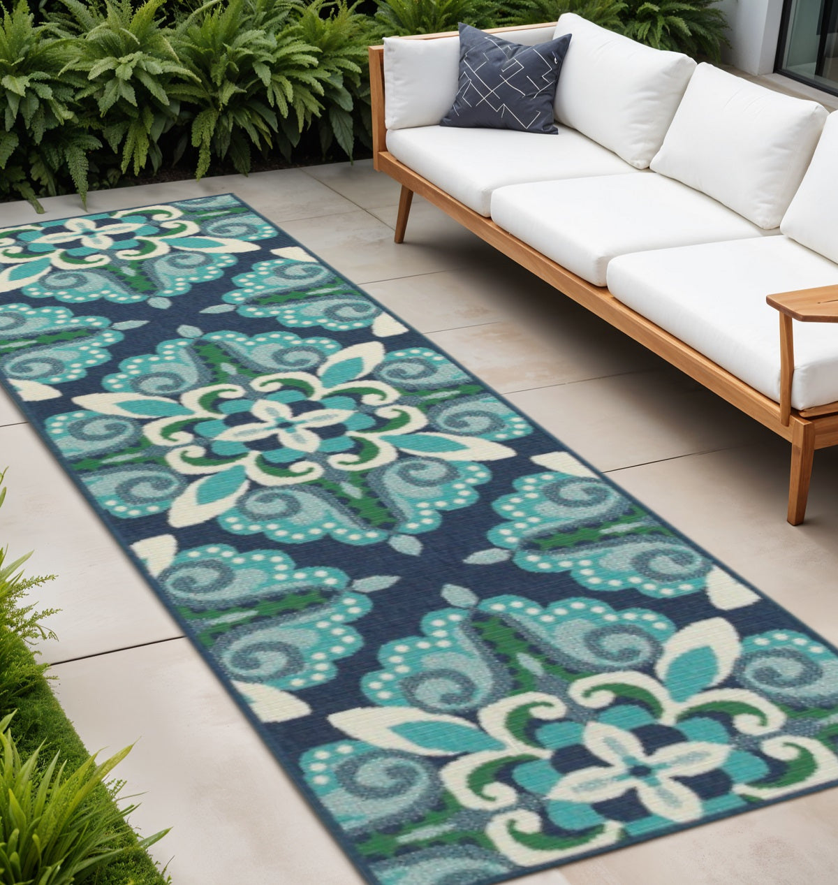 2' X 8' Blue and Green Indoor Outdoor Area Rug - Outdoor