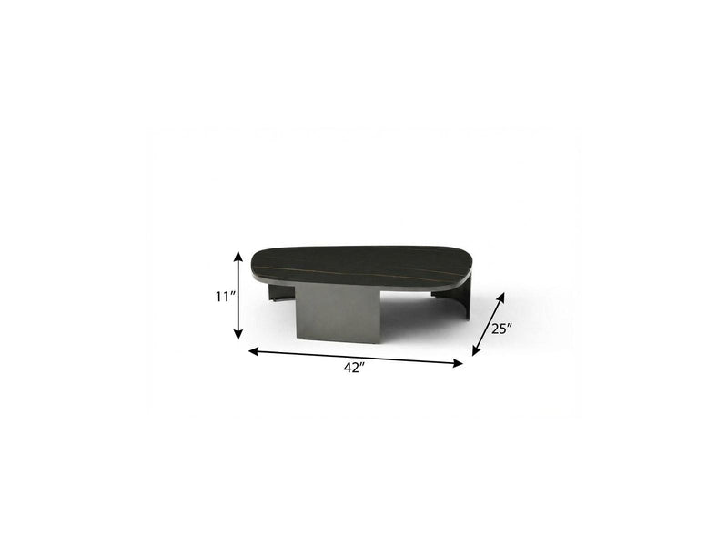 42" coffee table with black gold-veined top, dark gray steel base; 11" high