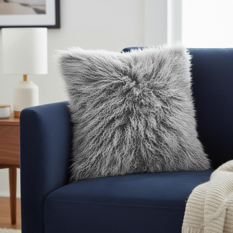 20" Grey Genuine Tibetan Lamb Fur Pillow With Microsuede Backing - Home Decor