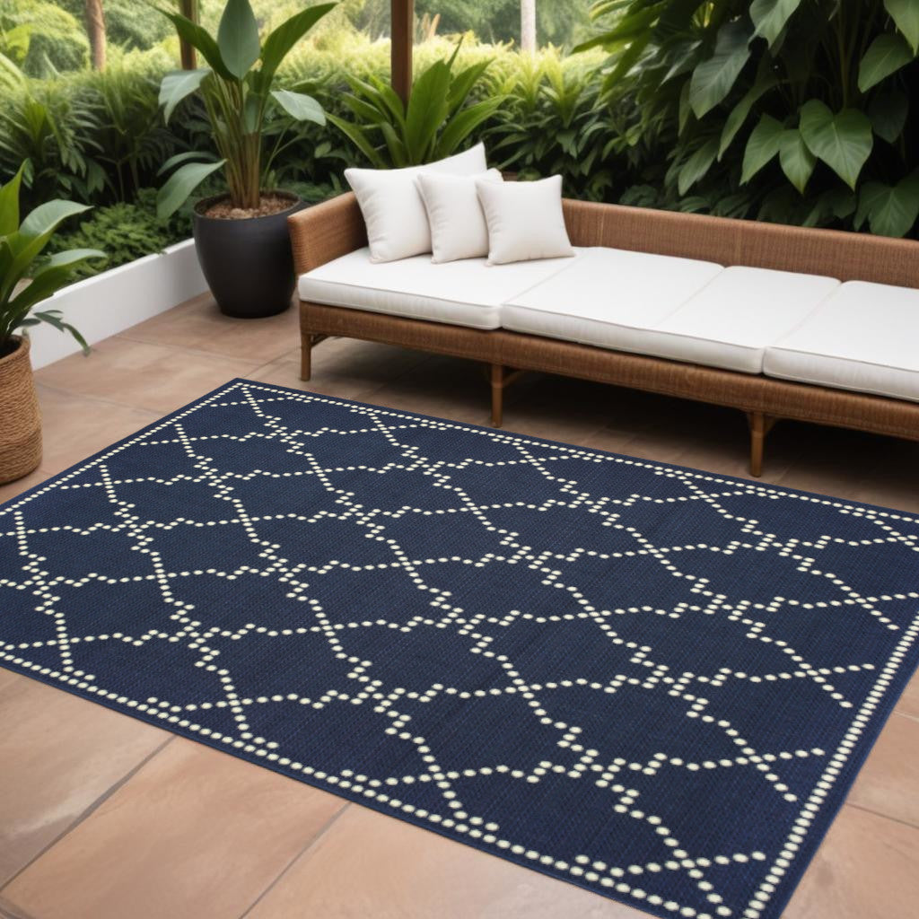 9' X 13' Blue and Ivory Geometric Stain Resistant Indoor Outdoor Area Rug - Outdoor