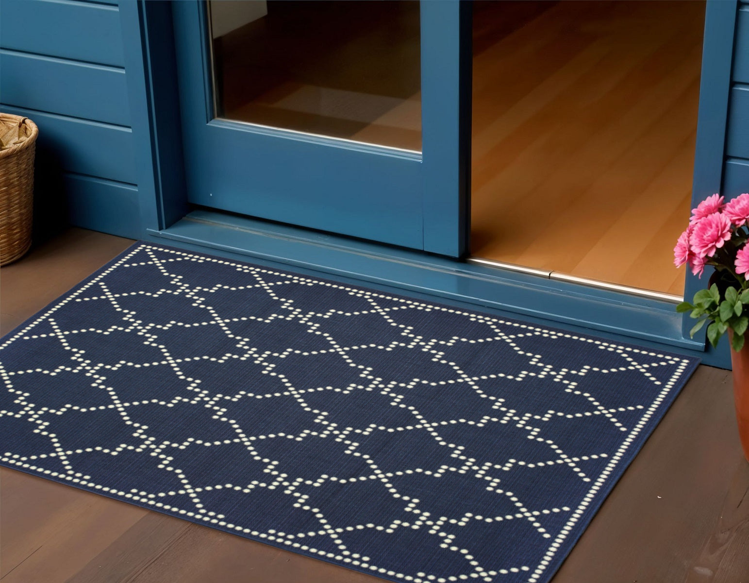 2' X 4' Blue and Ivory Geometric Stain Resistant Indoor Outdoor Area Rug - Outdoor