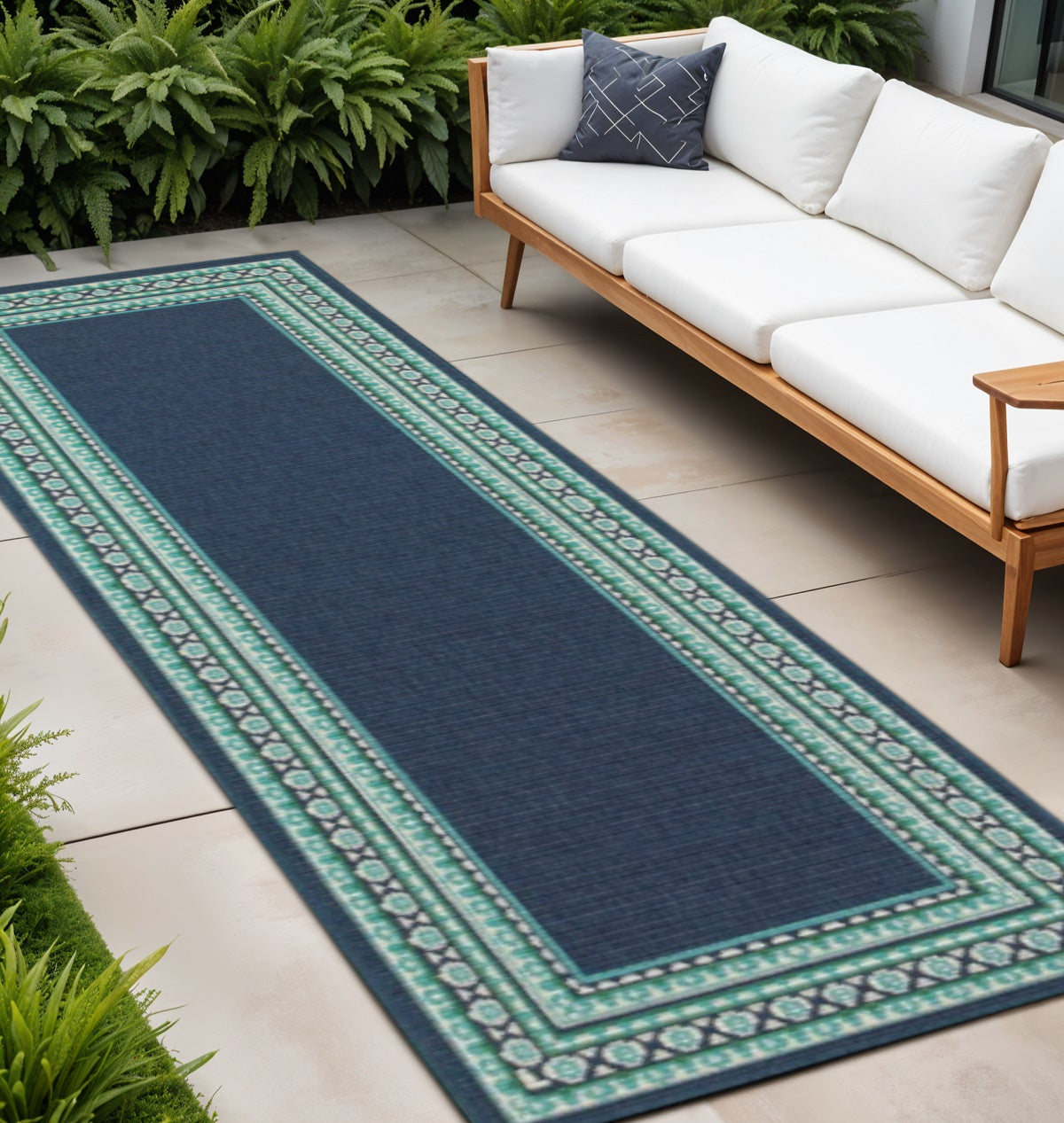 2' X 8' Blue and Green Indoor Outdoor Area Rug - Outdoor