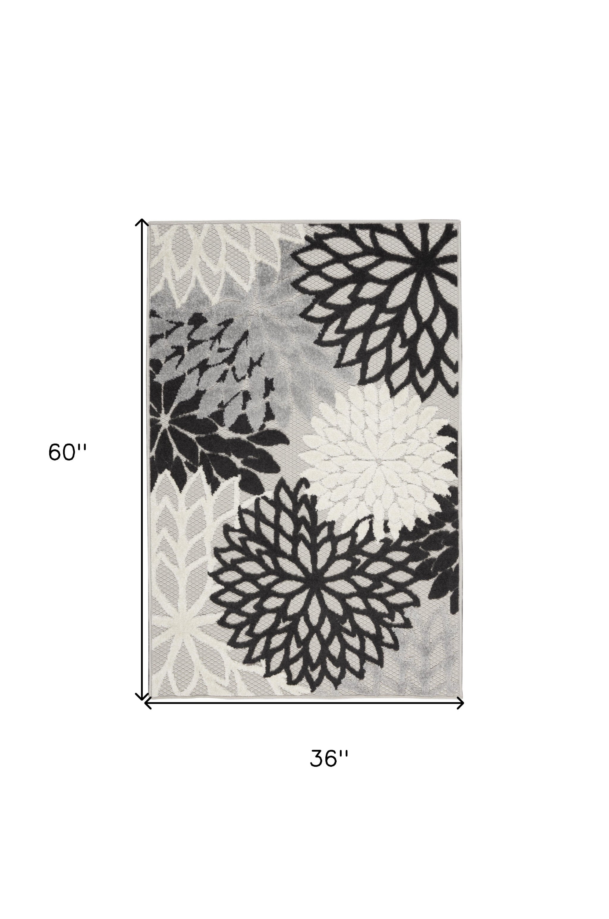 3' X 5' Black And White Floral Power Loom Area Rug - Outdoor