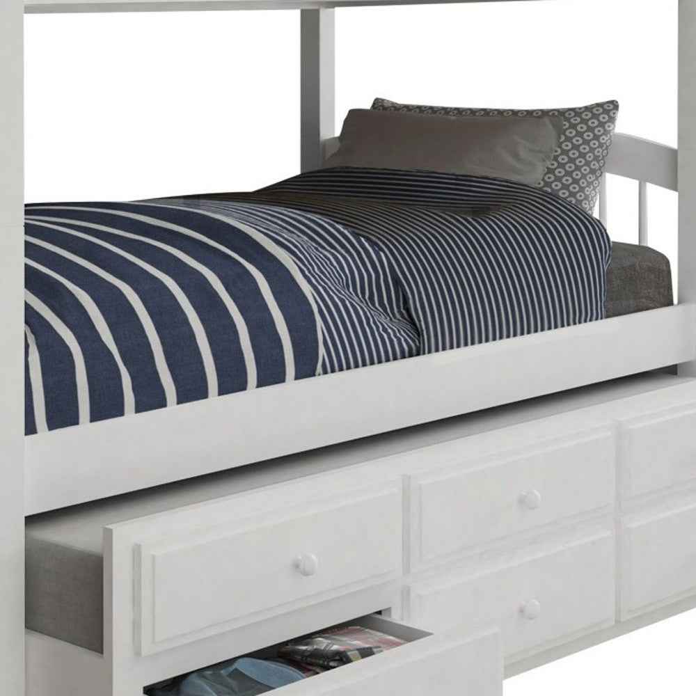 White Twin Solid Wood Bunk Bed With Trundle And Storage