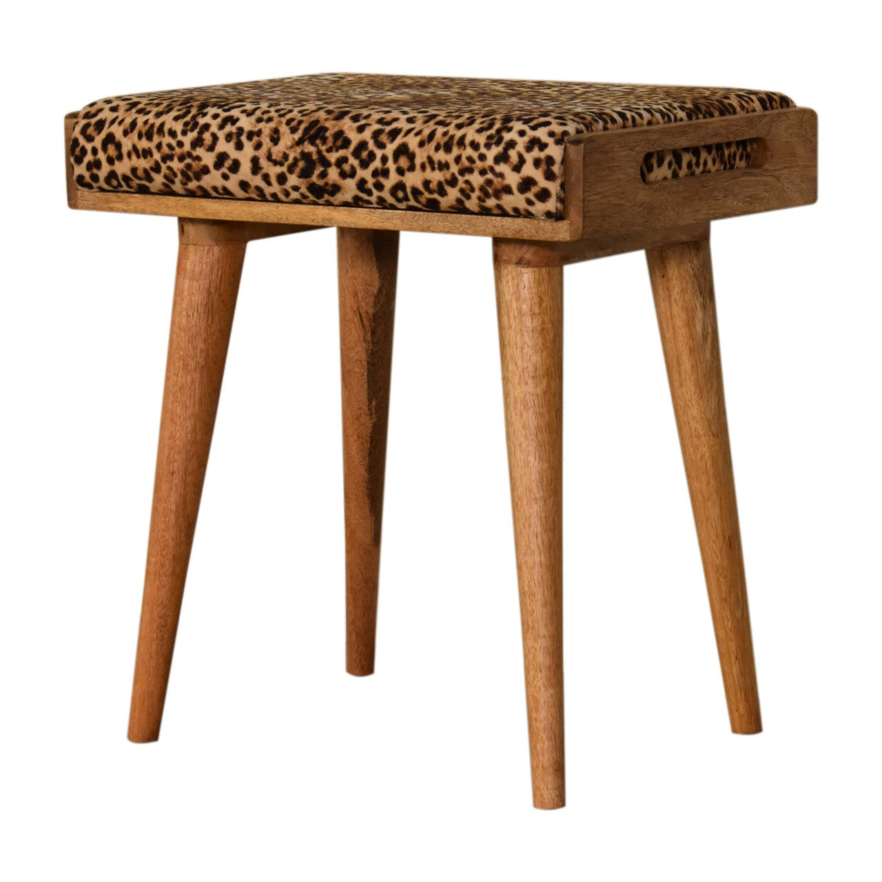 20" Brown Velvet And Wood Leopard Footstool - Living Room
