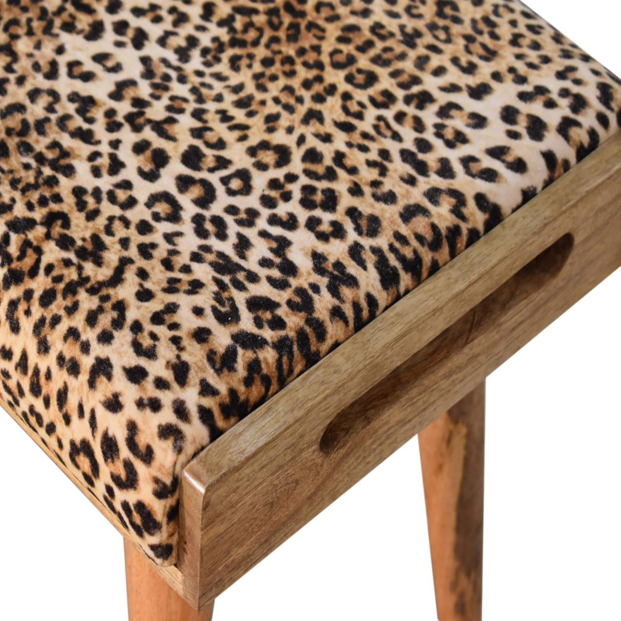20" Brown Velvet And Wood Leopard Footstool - Living Room