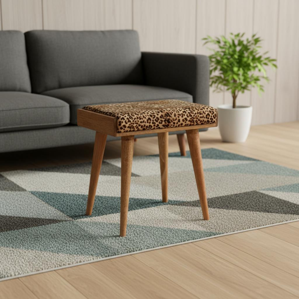 20" Brown Velvet And Wood Leopard Footstool - Living Room