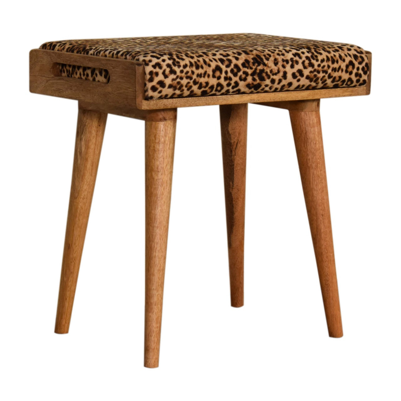 20" Brown Velvet And Wood Leopard Footstool - Living Room