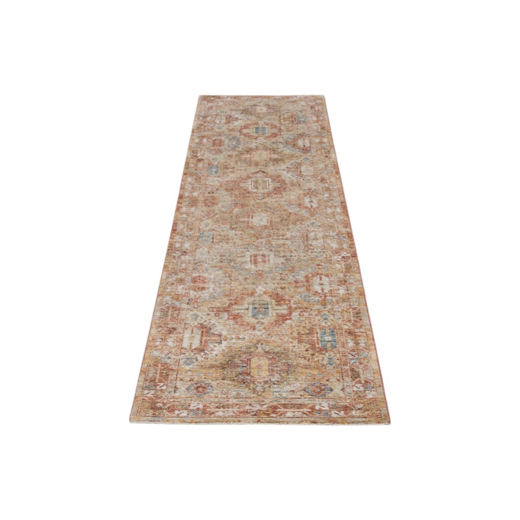 10' Rust Ivory And Blue Geometric Distressed Runner Rug - Home & Garden