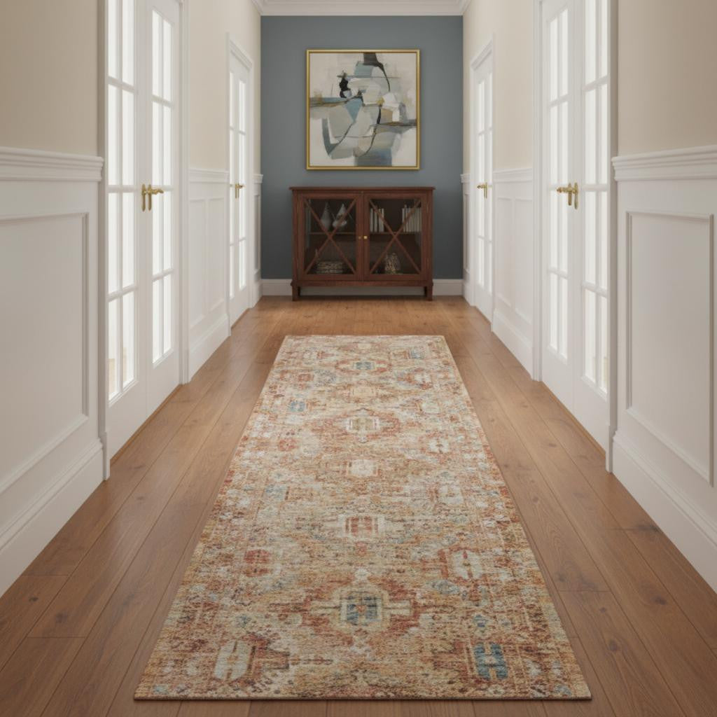 10' Rust Ivory And Blue Geometric Distressed Runner Rug - Home & Garden