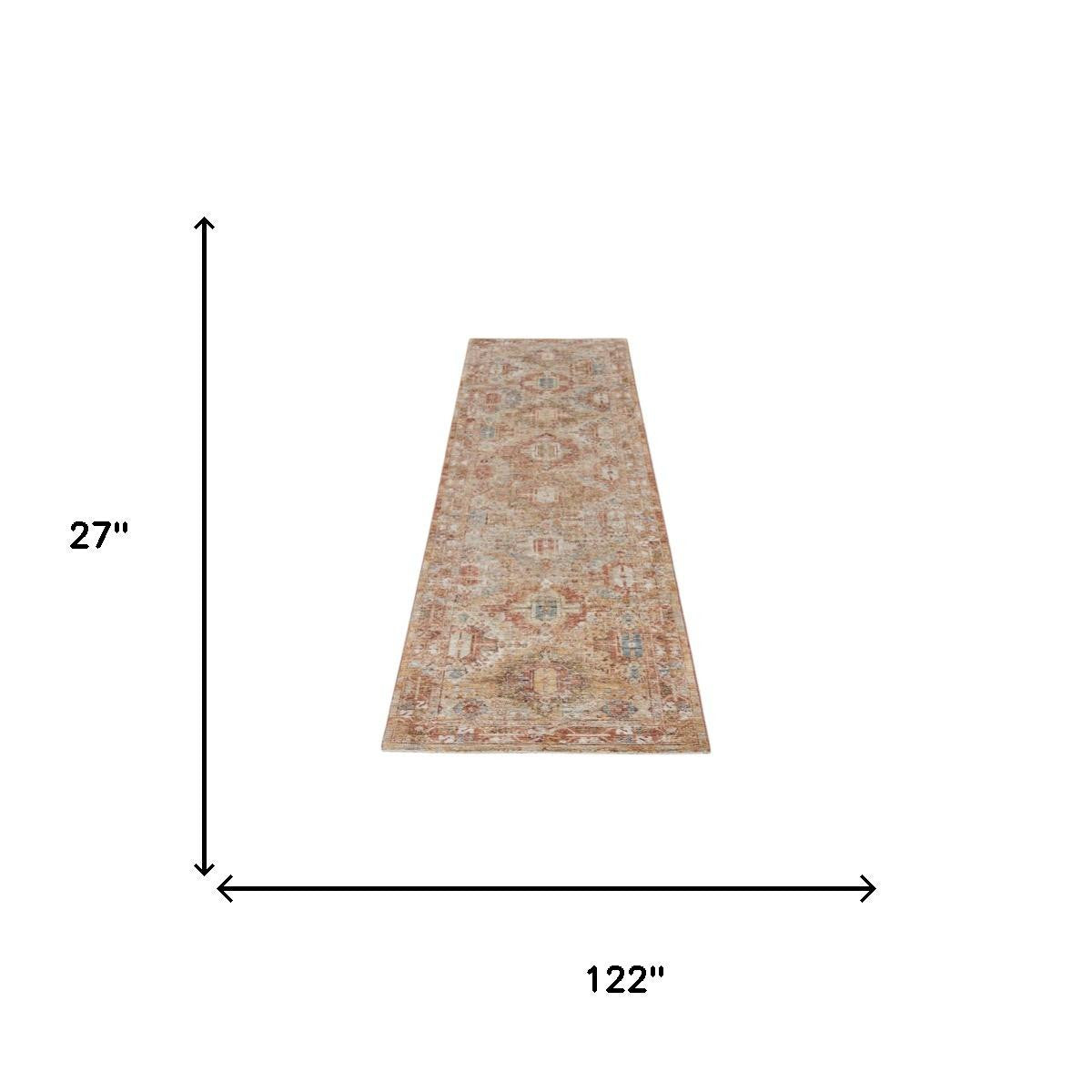 10' Rust Ivory And Blue Geometric Distressed Runner Rug - Home & Garden