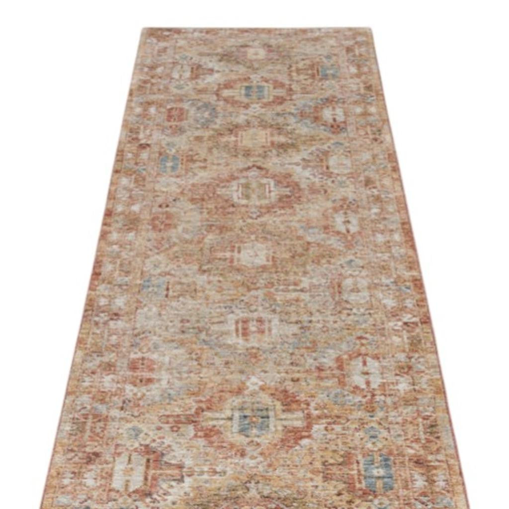 10' Rust Ivory And Blue Geometric Distressed Runner Rug - Home & Garden