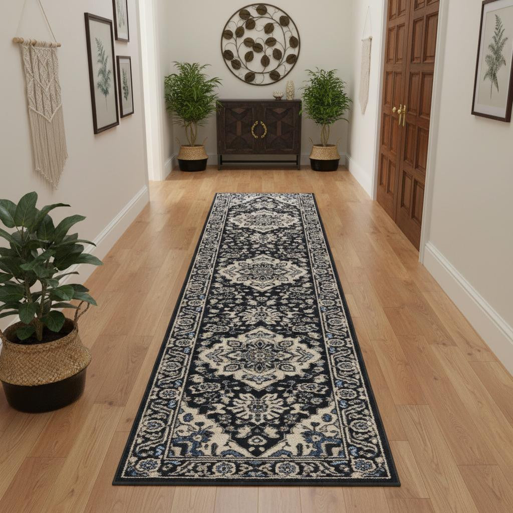 10' Black Ivory And Blue Floral Runner Rug - Home & Garden
