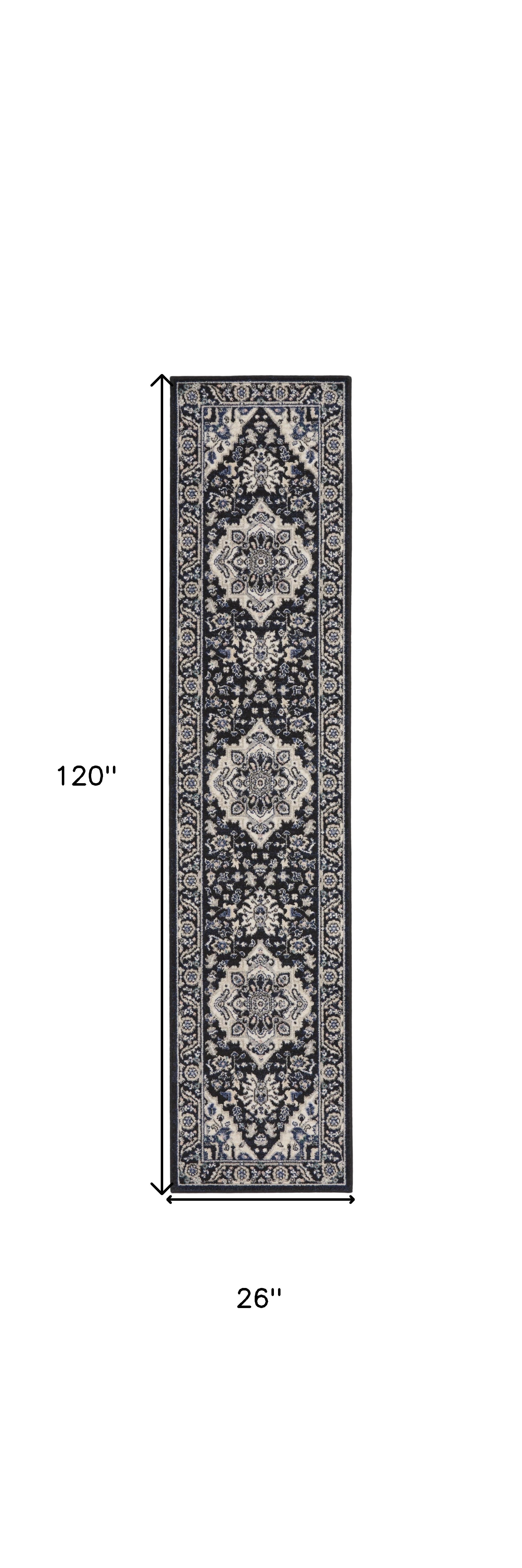 10' Black Ivory And Blue Floral Runner Rug - Home & Garden