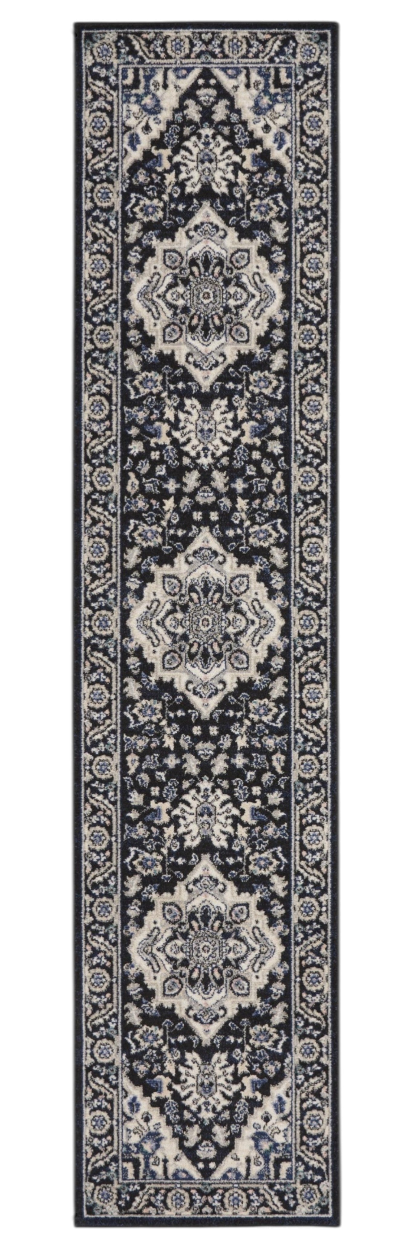10' Black Ivory And Blue Floral Runner Rug - Home & Garden