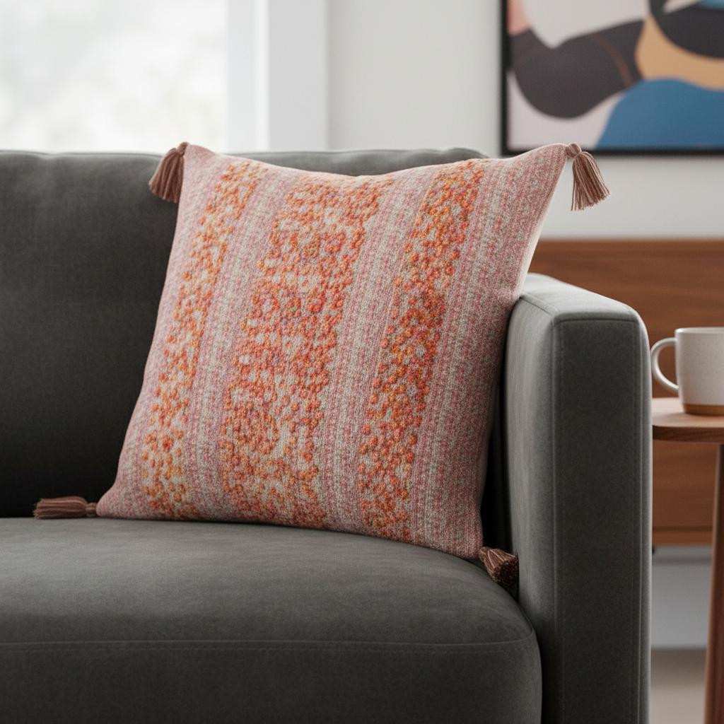 18" Pink and Orange Cotton Throw Pillow with Tassels - Home & Garden