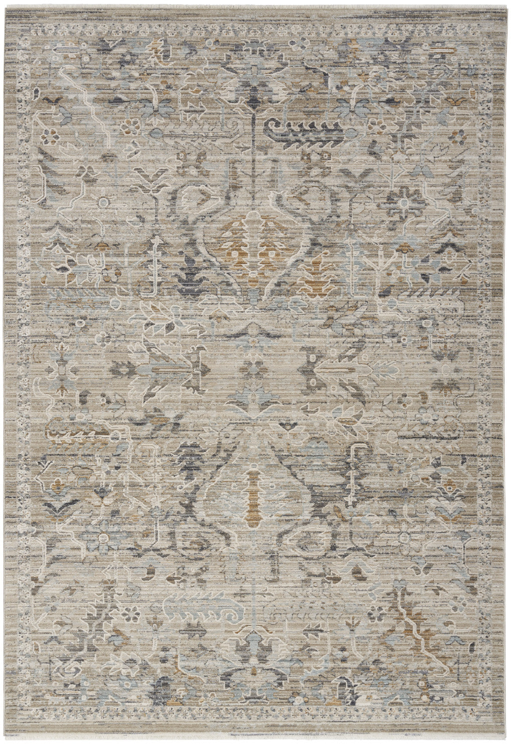 5' X 8' Ivory Black And Taupe Oriental Distressed Area Rug With Fringe - Home & Garden