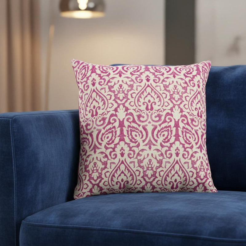 22" Pink and White Damask Cotton Throw Pillow - Home Decor