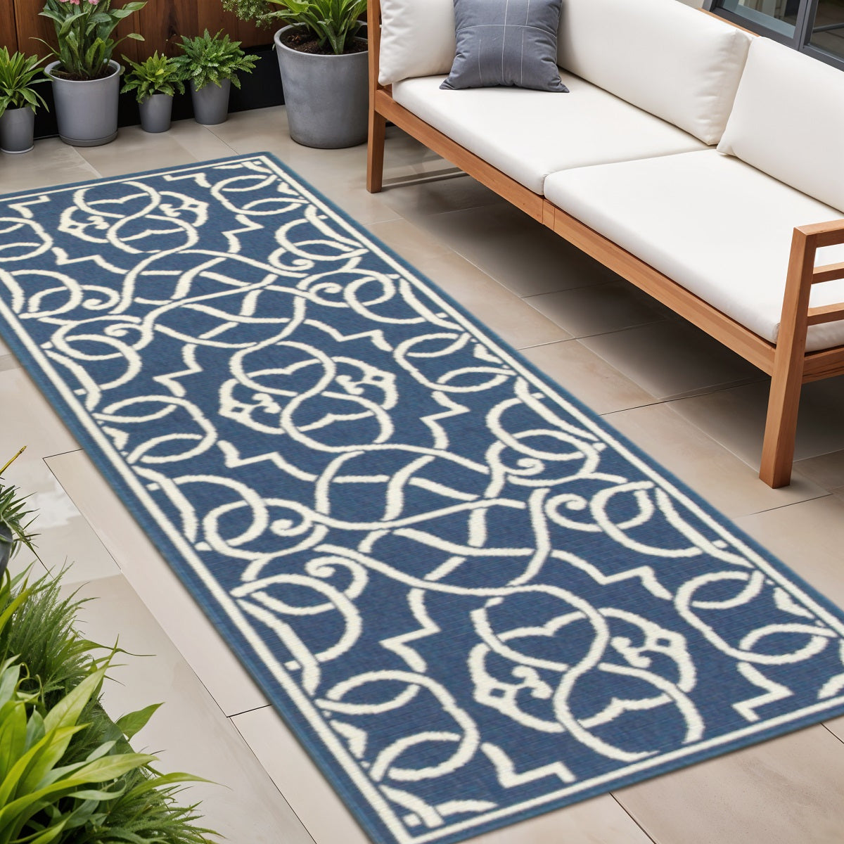 2' X 8' Blue and Ivory Geometric Stain Resistant Indoor Outdoor Area Rug - Outdoor