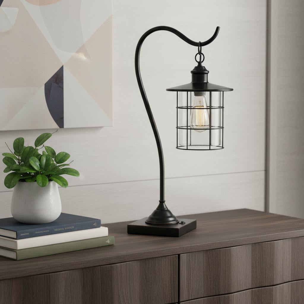 25" Bronze Metal Lantern Style Desk Lamp With Edison Bulb - Lighting
