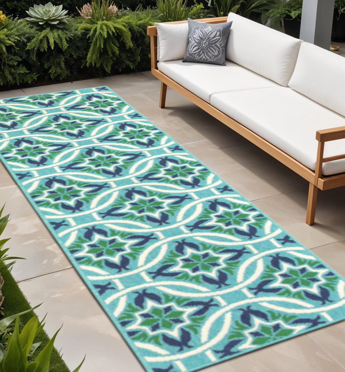 2' X 8' Blue and Green Geometric Stain Resistant Indoor Outdoor Area Rug - Outdoor
