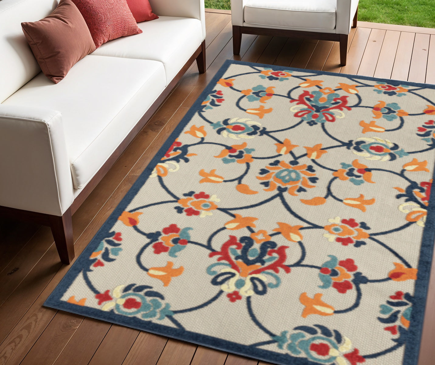 4' X 6' Blue And Orange Floral Non Skid Indoor Outdoor Area Rug - Outdoor