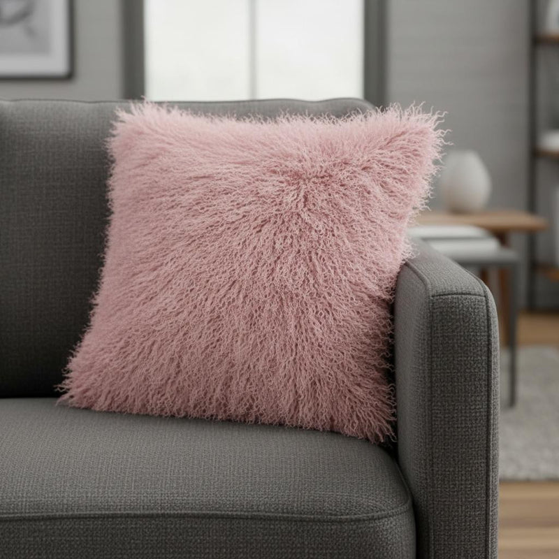 24" Pink Genuine Tibetan Lamb Fur Pillow With Microsuede Backing - Home Decor
