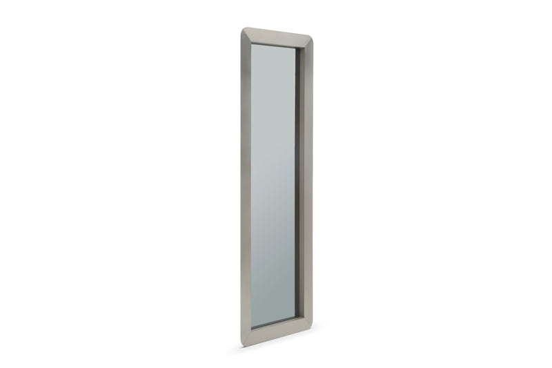 Silver metal leaning wall mirror with thin rectangular frame, vertical profile