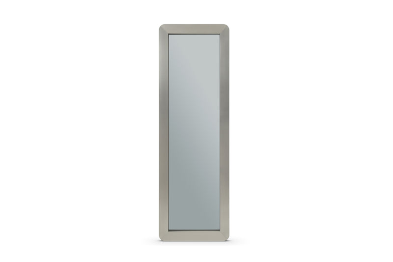 Rectangular silver framed full-length mirror with smooth reflective glass, vertical