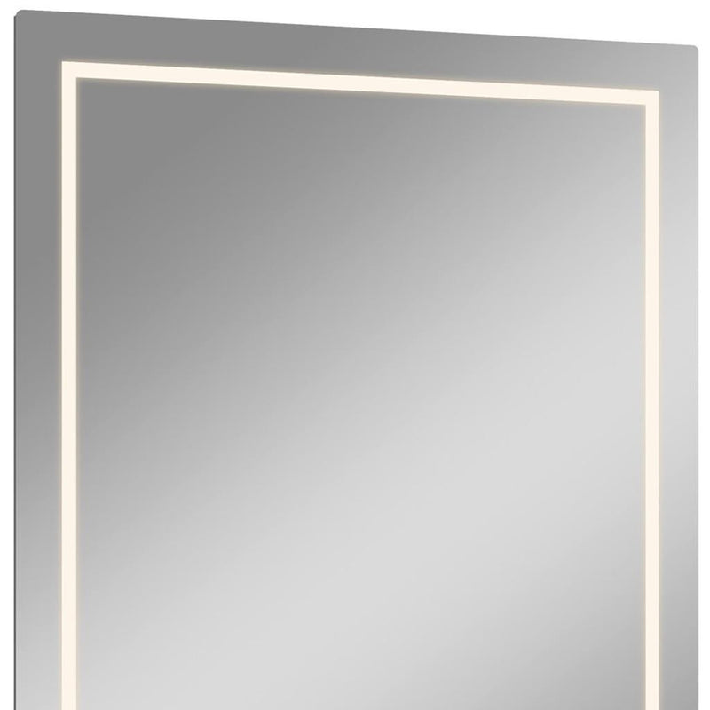 Close-up of rectangular LED border wall mirror, frameless-style edges