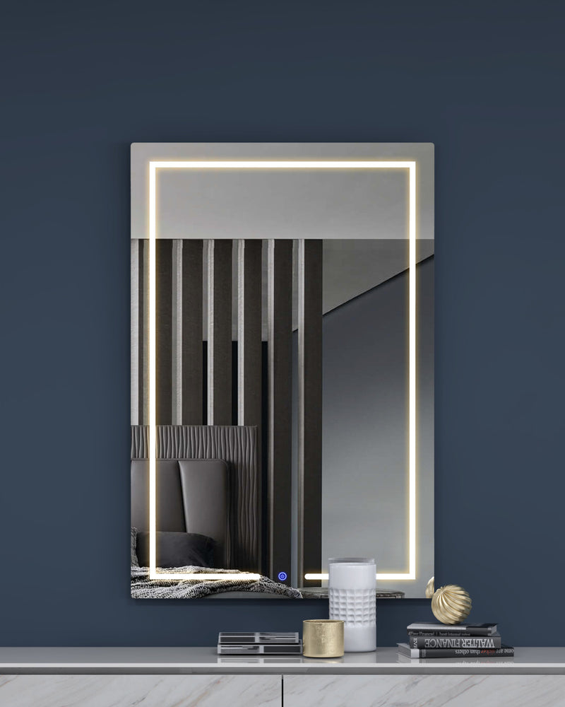 Frameless rectangular wall mirror with bright LED outline and reflective glass