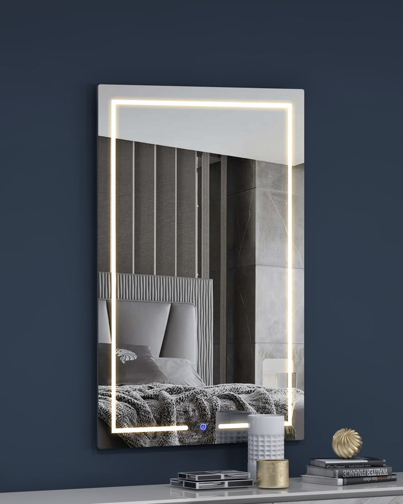 Rectangular LED lighted wall mirror with glowing frame, reflective glass