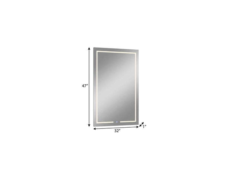 Wall mirror size diagram: 47 in tall, 32 in wide, LED border