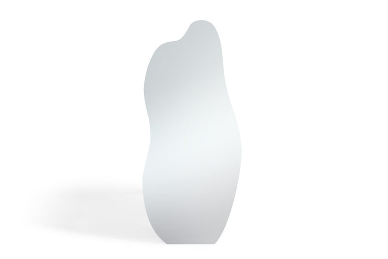 Clear abstract frameless accent mirror, freestanding wavy arched silhouette