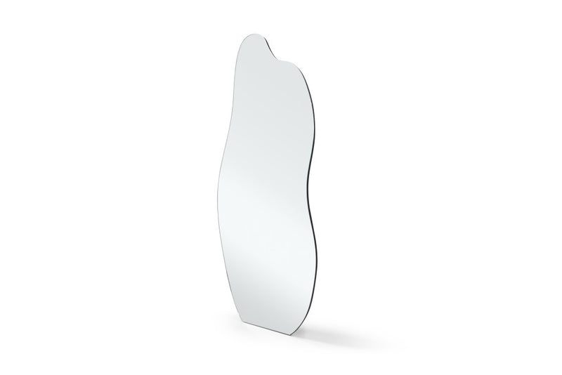 Clear abstract frameless mirror, tall curved edge profile, freestanding