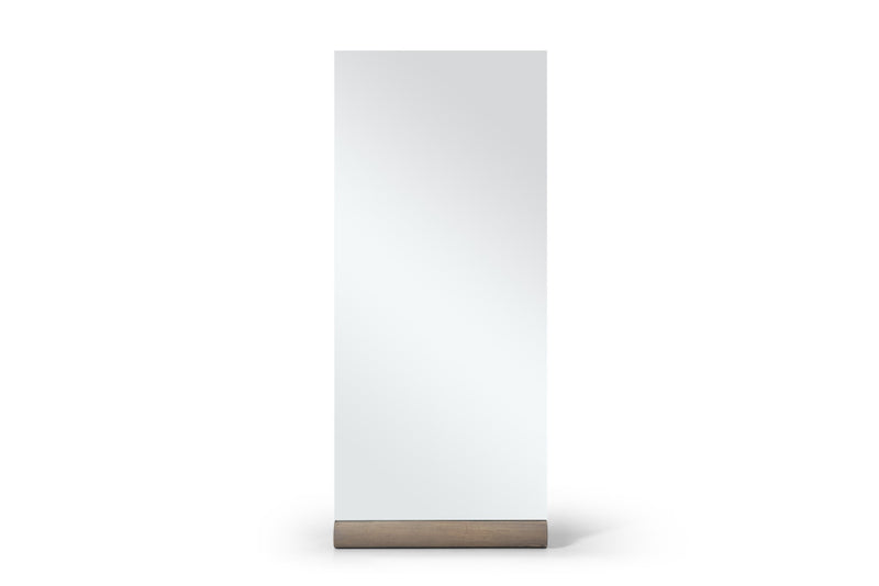 Frameless leaning accent mirror with dark brown base strip, plain front view