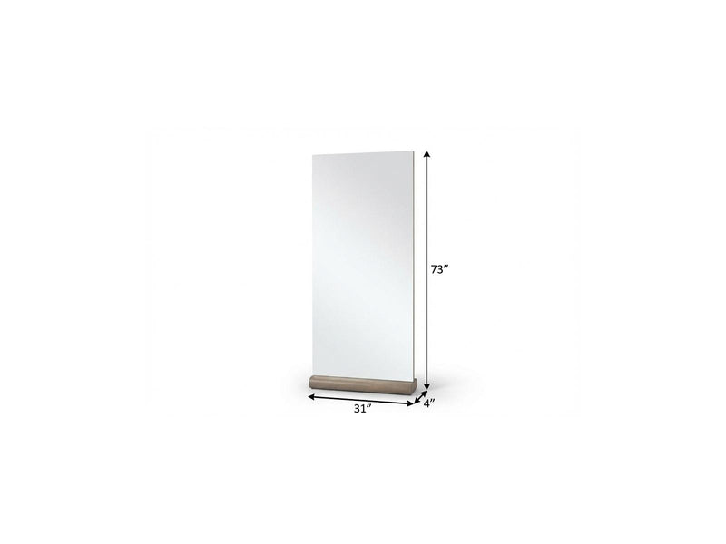 73" leaning frameless accent mirror with dark base strip, size dimensions shown
