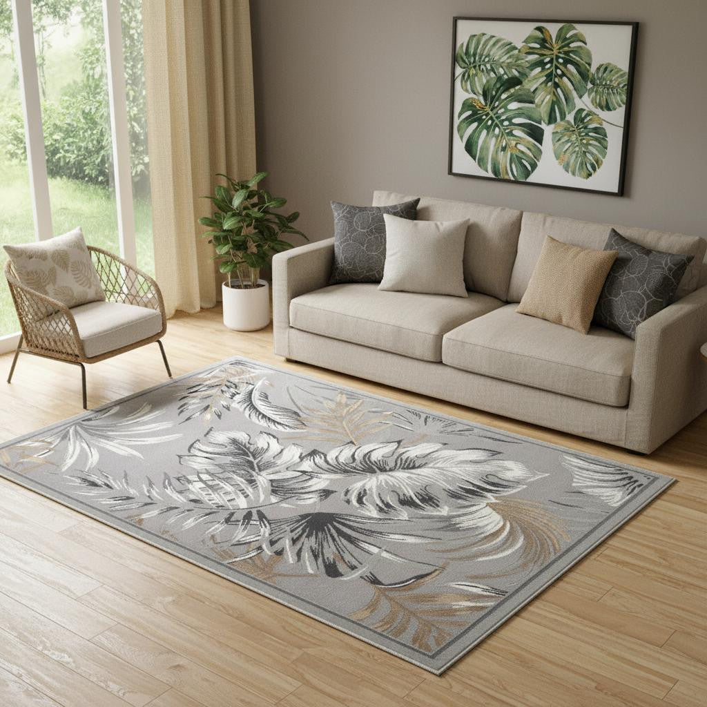 5' X 7' Gray Black And Tan Botanical Leaves Area Rug - Home & Garden