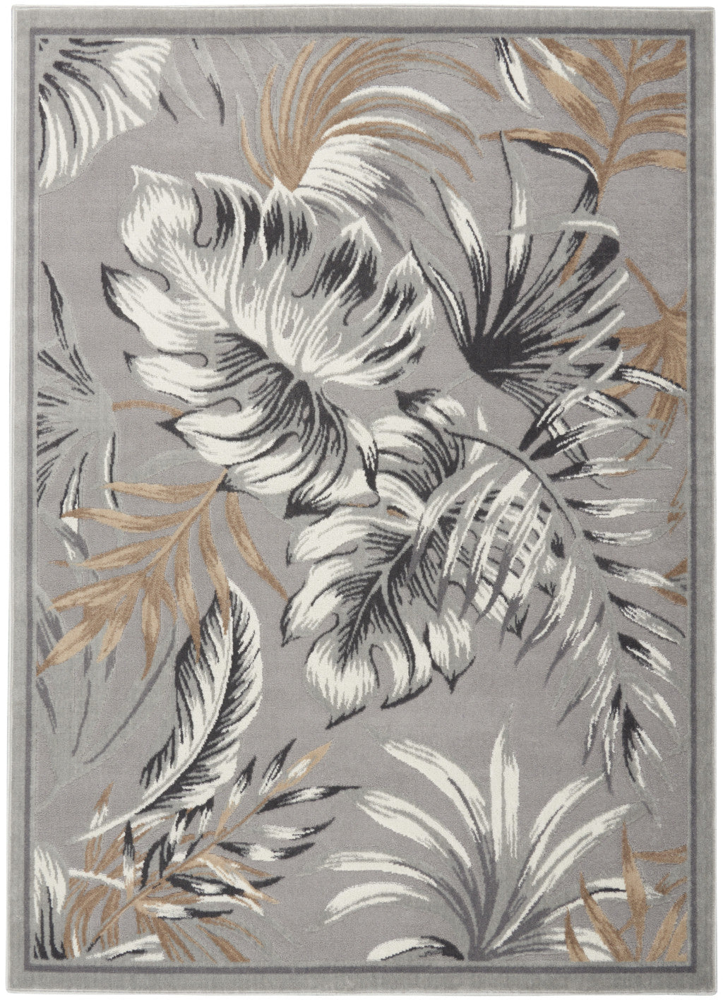 5' X 7' Gray Black And Tan Botanical Leaves Area Rug - Home & Garden