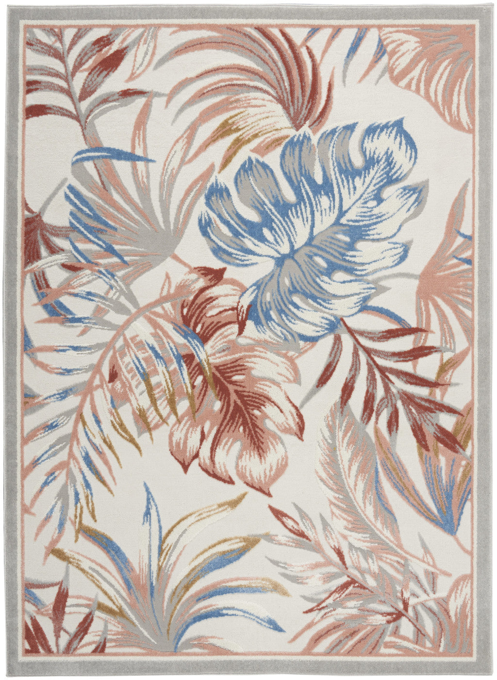 5' X 7' Ivory Blue And Gray Botanical Leaves Area Rug - Home & Garden
