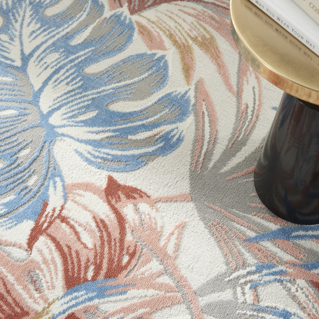 5' X 7' Ivory Blue And Gray Botanical Leaves Area Rug - Home & Garden