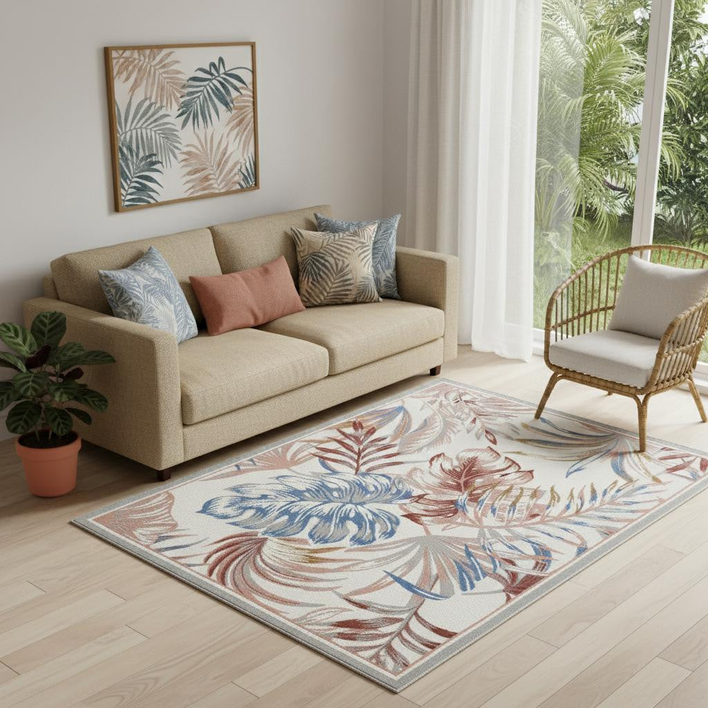 5' X 7' Ivory Blue And Gray Botanical Leaves Area Rug - Home & Garden