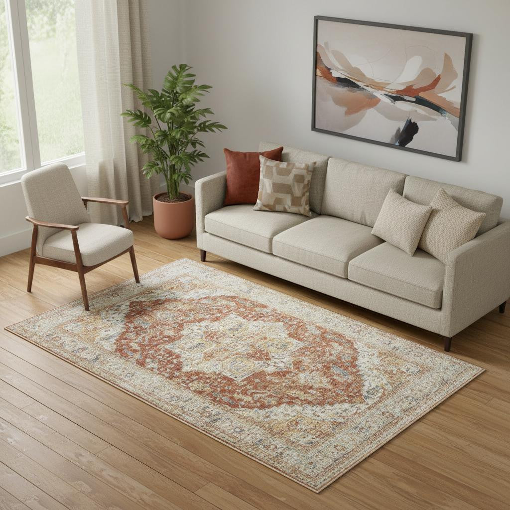 5' X 8' Ivory And Brown Floral Distressed Area Rug - Home & Garden