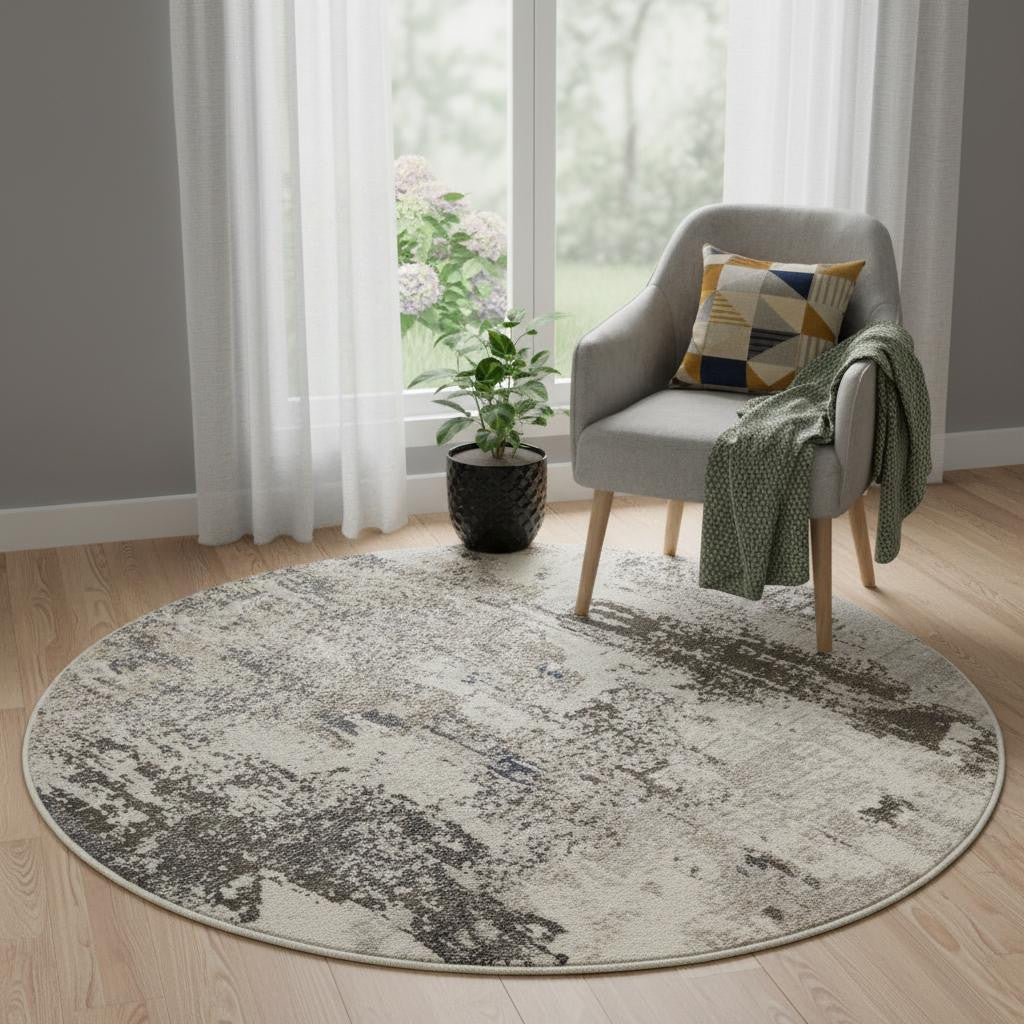 5' X 5' Ivory And Grey Round Abstract Power Loom Non Skid Area Rug - Home Decor